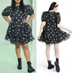 Sandy Liang x Target Organza Ruffle Tiered Puff Sleeve Short Black Floral Dress